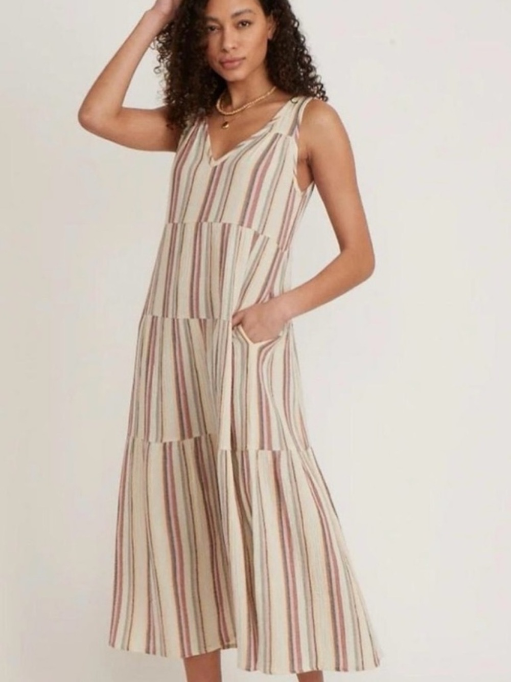 Marine Layer Corinne Gauze Striped Tiered Midi Dress 100% Cotton